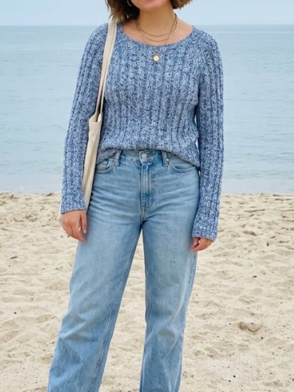 Gap Chunky Cable Knit Sweater M Marled Blue Coastal Preppy Boatneck Cotton